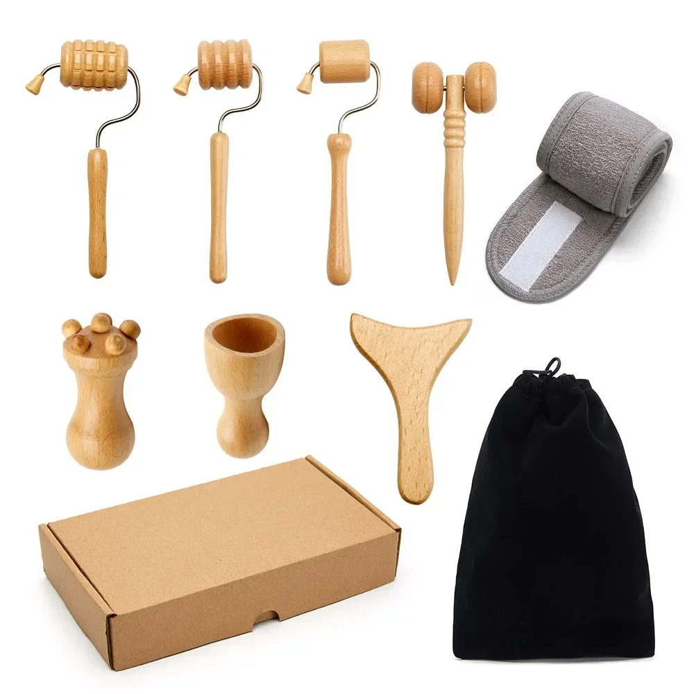 Face Massage Rolling Bar Wooden Scraping Head Massage Tool V Face Thin Face 7 piece Set