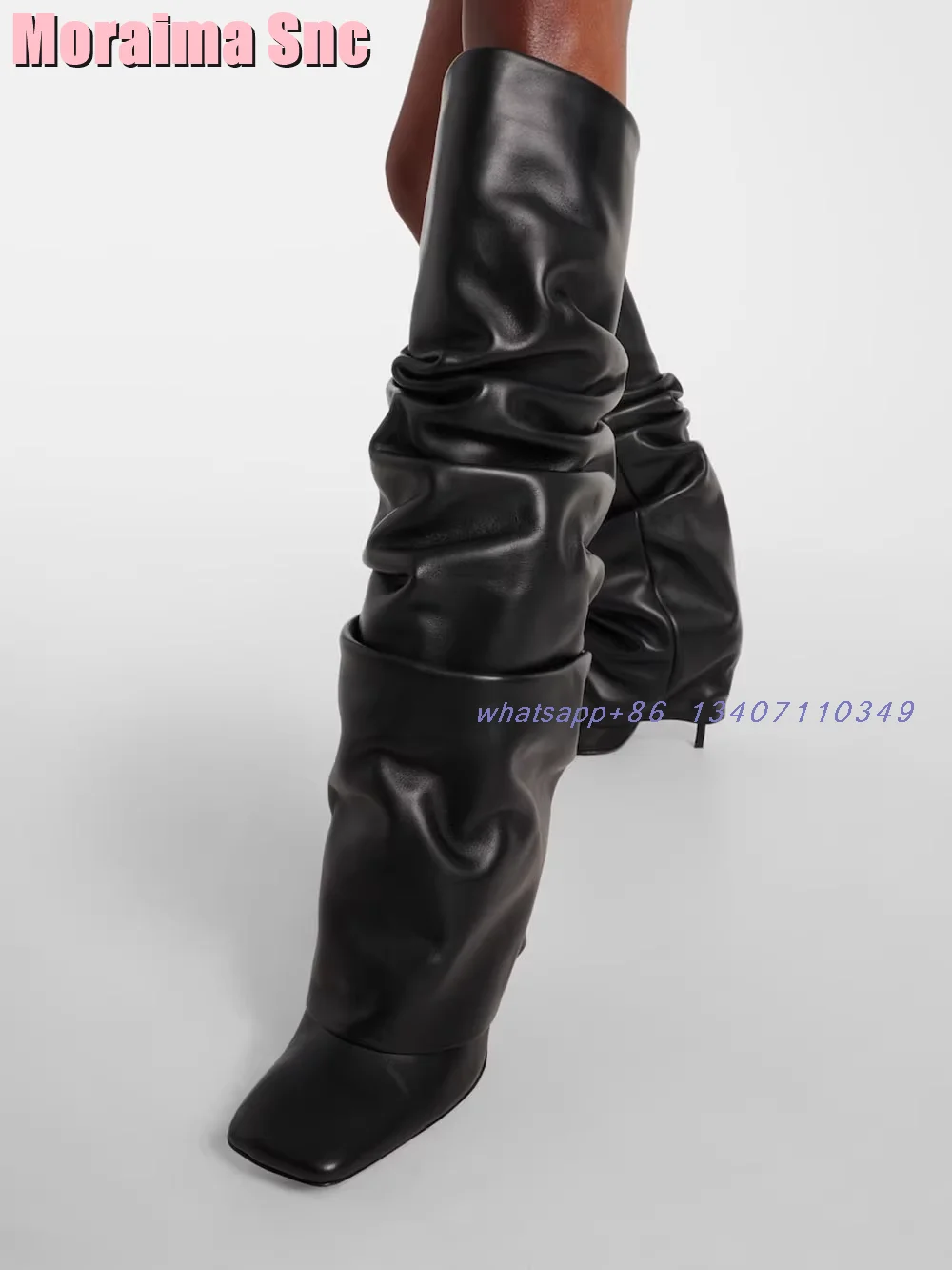 

Square Toe Pleated Knee High Boots Turned-over Edge Stiletto High Heel Slip On Fashion Women's Long Boots Autumn Winter New 2025