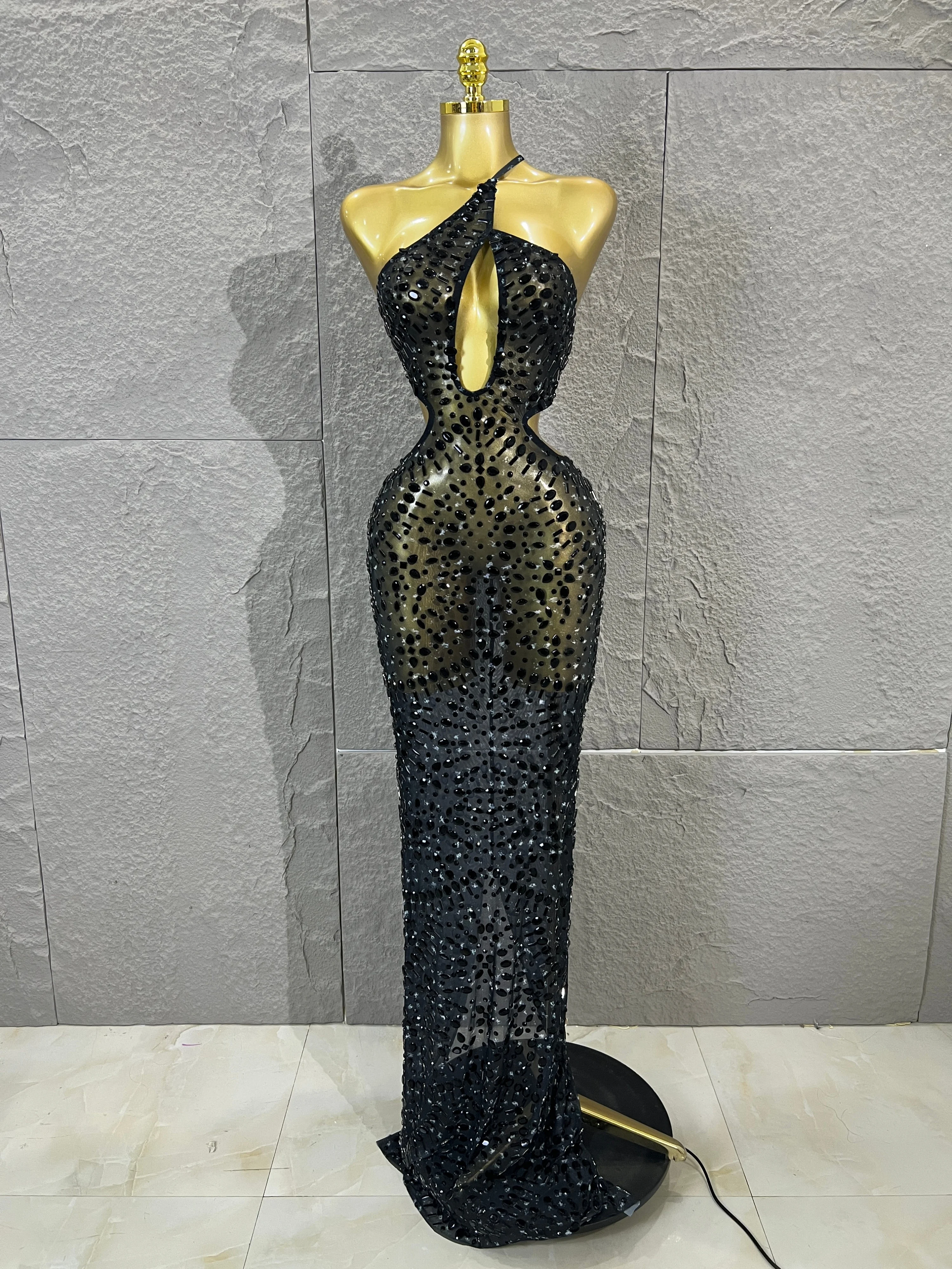Robe longue sirène noire en maille ornée de strass, découpes ajourées, dos nu, moulante, pour femme, tenue de soirée, club, scène, anniversaire