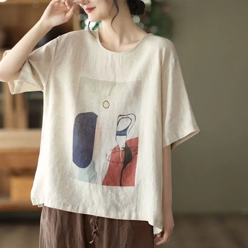 2024 New Summer Women\'s Retro Round Neck Solid Printed Cotton Linen Loose Short Sleeved T-shirt Versatile Pullover T-shirts Tops