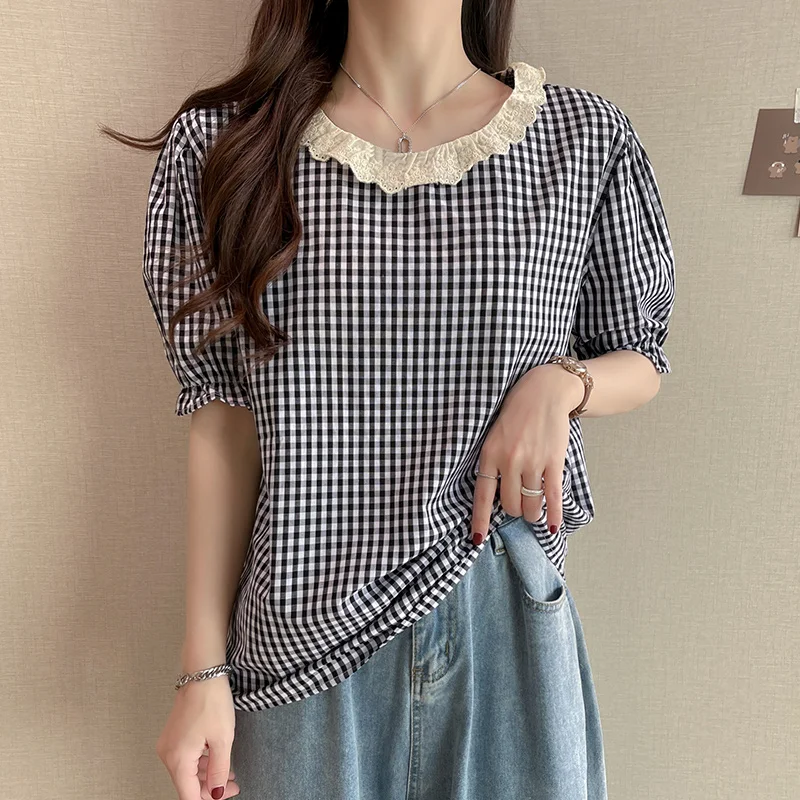 XL-4XL large size plaid blouses 2023 summer new oversized loose short sleeve shirts retro pullover tops female clothing