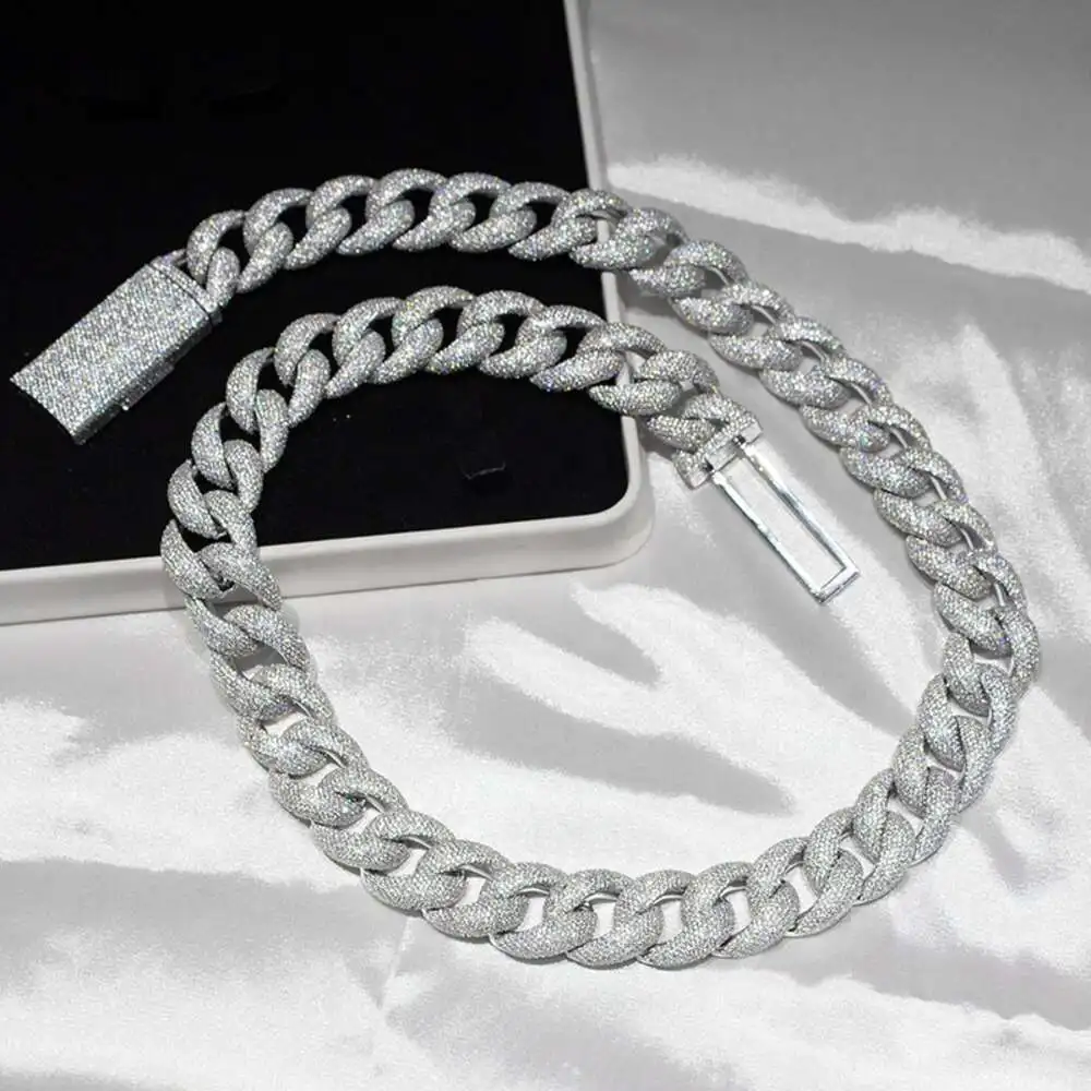 Luxury 20mm Moissanite Iced Out Diamond Cuban Chain 925 Sterling Silver Necklace Miami Cuban Link Chain.