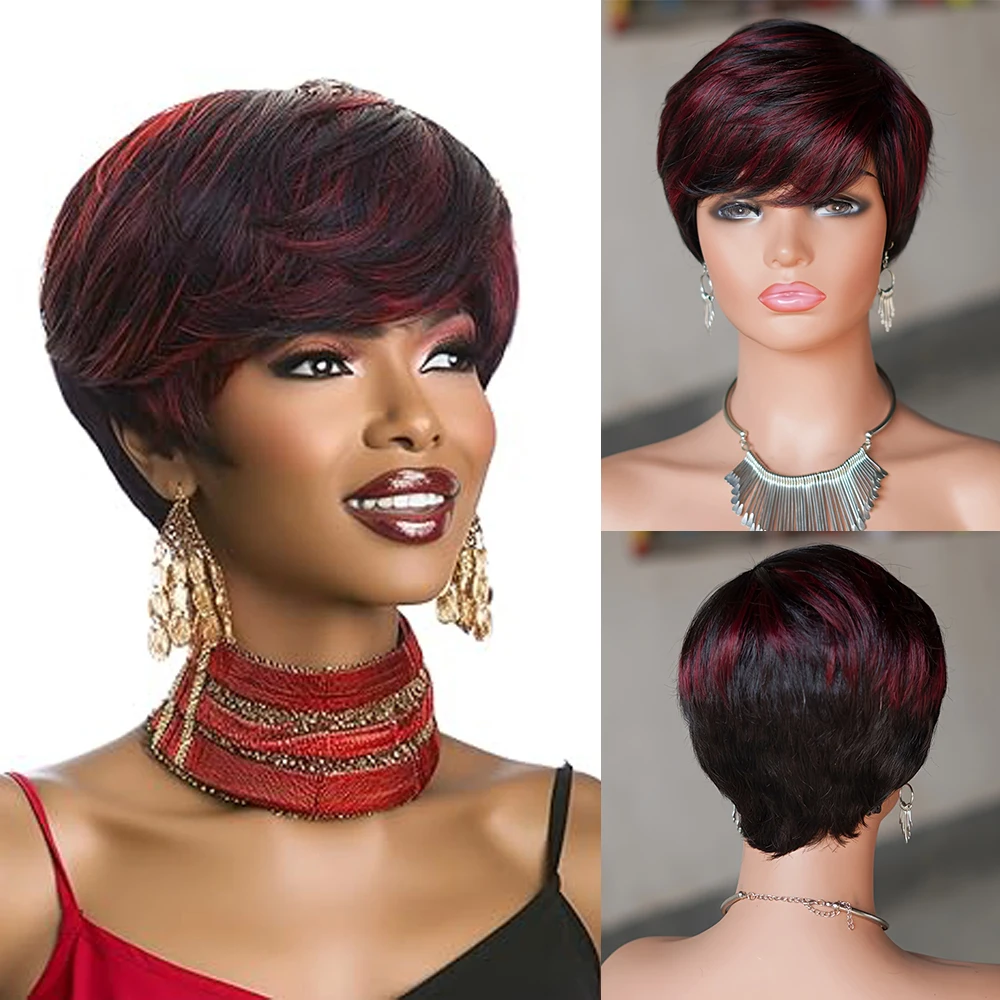 

Short Wigs Human Hair Pixie Cut With Bangs Brazilian Remy Human Hair Machine Made Wig For Women