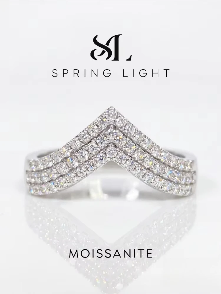 Fashion Real Round Moissanite Diamond V-shaped Wedding Band Rings for Women Daily Wear Anniversary Party Elegant Jewelry
