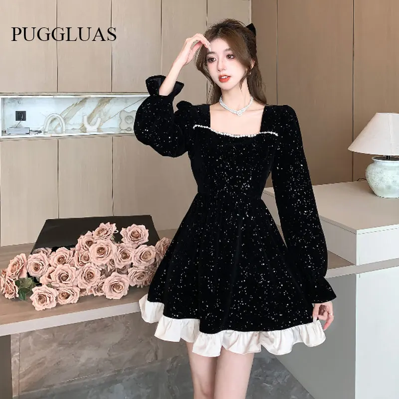 Autumn Vintage Party Dot Dresses Women Korea Elegant Chic Princess Square Collar Long Sleeve Retro Christmas New Year Mini Dress