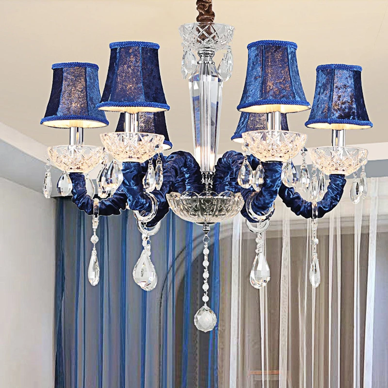 Deluxe Retro Blue Crystal Chandelier Wedding Lobby Purple Noble Flannelette Droplight Led 6 Head Villa Room Pendent Lamp