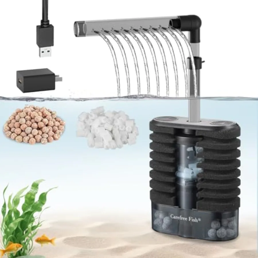 

Quiet USB Sponge Filter for 20-60Gal Aquarium with Biochemical Filtration Balls and Fluidized Beds in White for Saltwater and F