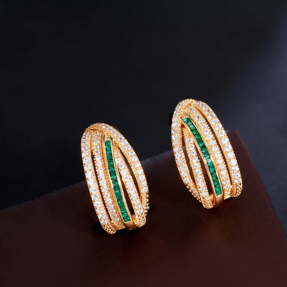 CWWZircons Multiple Geometric Twist Round Green Cubic Zirconia Hoop Earrings for Women Brazilian Gold Plated CZ Jewelry CZ373