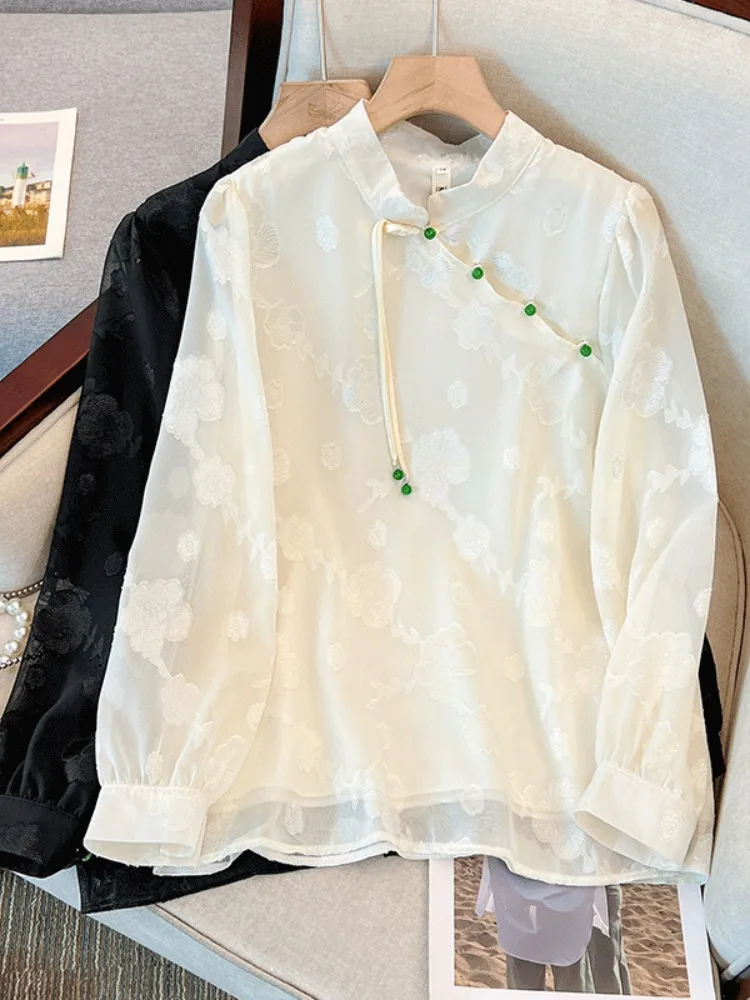 

Elegant Chinese Style Embroidered Design Chiffon Shirt Versatile Ageless Spring 2026 New Retro Fashion Large Size Blouse