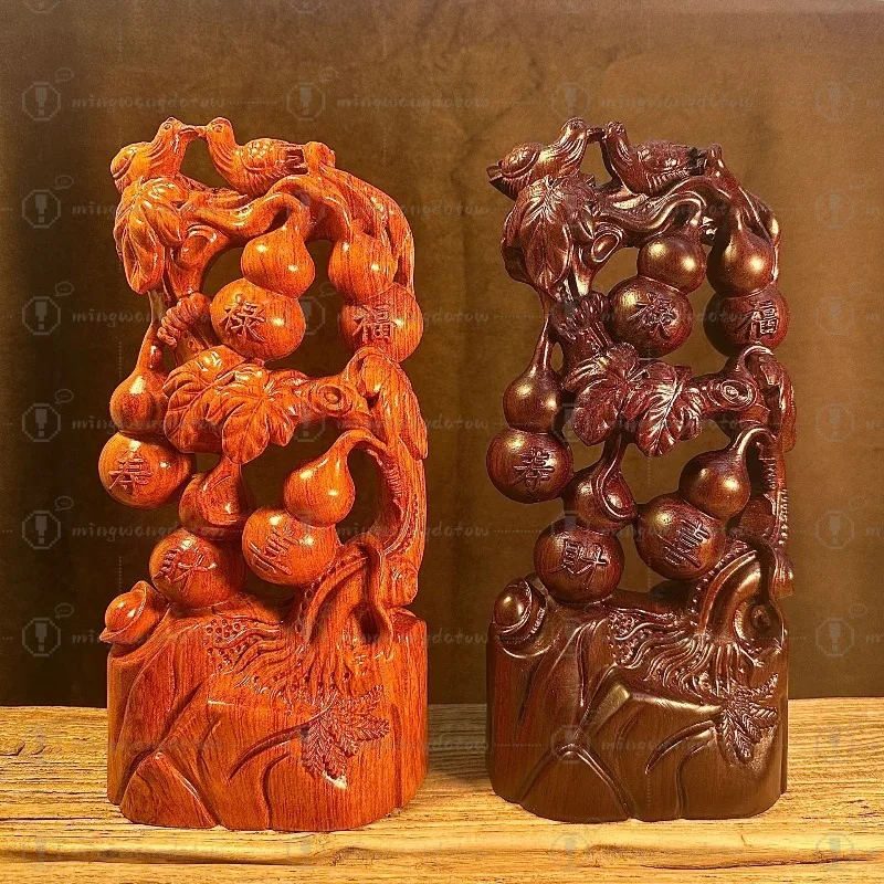 Rosewood Carved Five Blessings Gourd Ornament, Large Solid Wood Home Decor, Lucky Gift for Housewarming & Festival