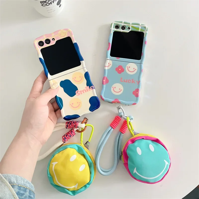 Cartoon Cute Happy Face Phone Case for Samsung Galaxy ZFlip6 4 3 Hard Cover for ZFlip5 Flip3 Zflip4 Solid Shell Bracket