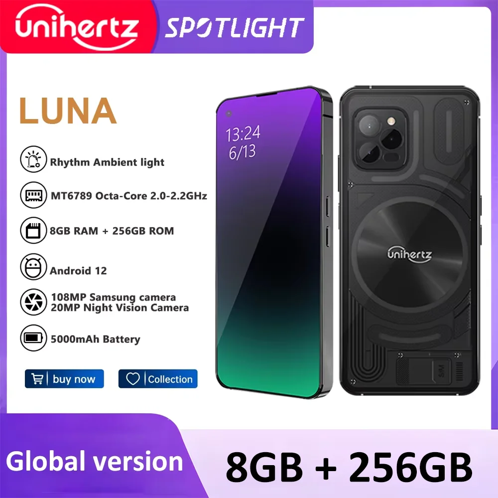 Unihertz Luna Smartphone Rhythm Ambient LED strip Music Phone 8GB RAM 256GB ROM 108MP G99 Mobile Phone Night Vision Cellphone