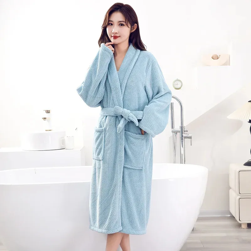 

Зимний теплый фланелевой халат, женский однотонный длинный халат с v-образным вырезом, женский утолщенный коралловый флис, удобная домашняя одежда для женщин