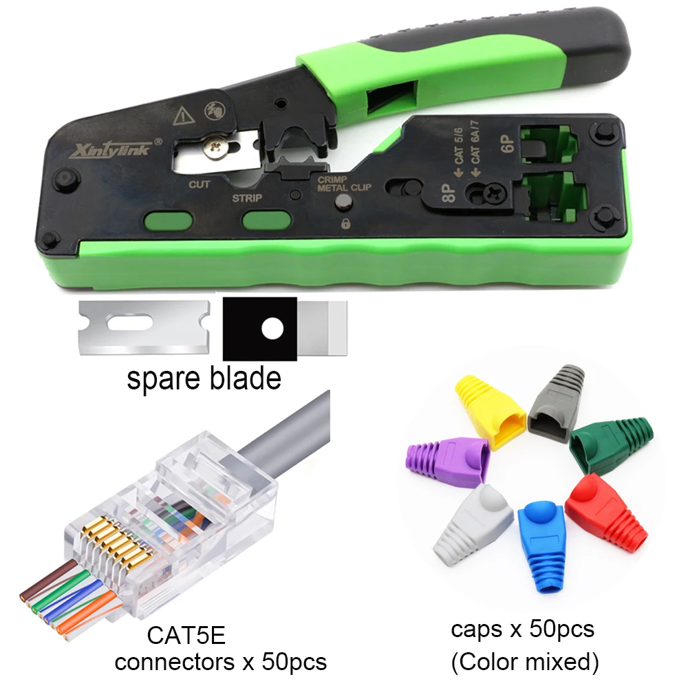 

UTP CAT5E connector caps+CAT5 CAT6 CAT6A CAT7 CAT8 Crimping Pliers rj45 crimper network tool stripper ethernet cable kit set