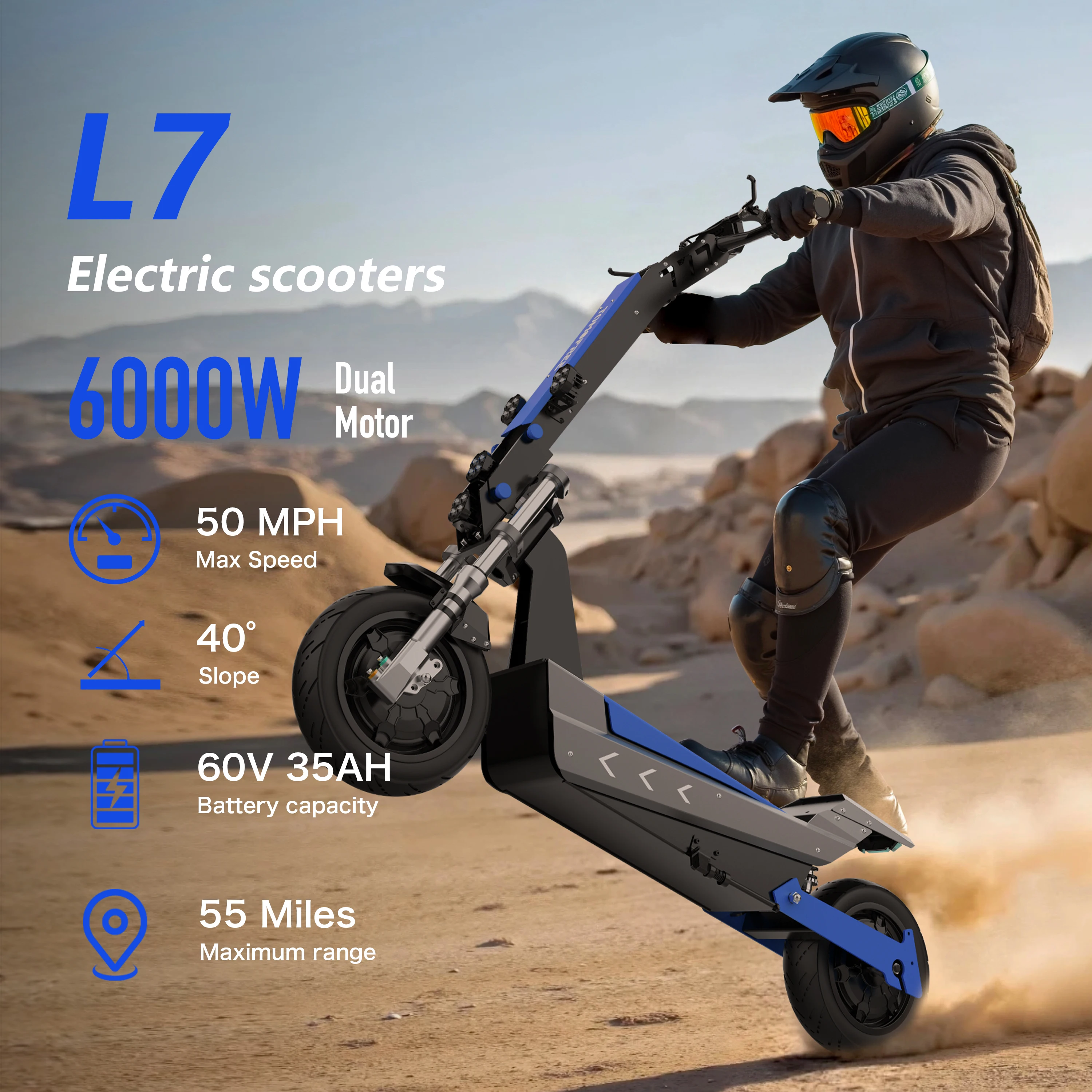 

Offroad Electric Scooter for Adults - 50 MPH & 6000W Fastest Dual Motor, 11" Off Road Tires,55-Mile Long Range, 4-Piston Brakes,