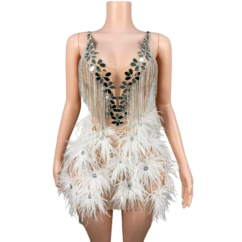 Sparkly Rhinestones Chains Mirrors Ostrich Feathers Short Dress Women Sexy See Through Evening Prom Celebrate Birthday Dress