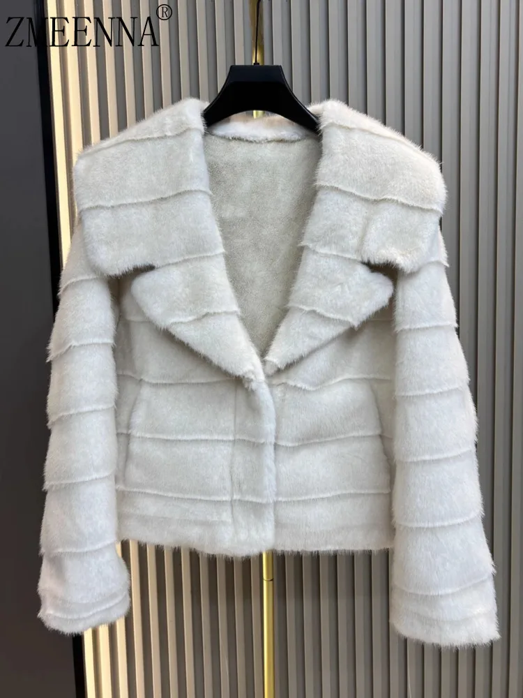 ZMEENNA 여성용 짧은 인조 모피 자켓 가로 레이어드 패널 디자인 와이드 라펠 칼라 푹신한 따뜻한 겨울 겉옷 ZM4469