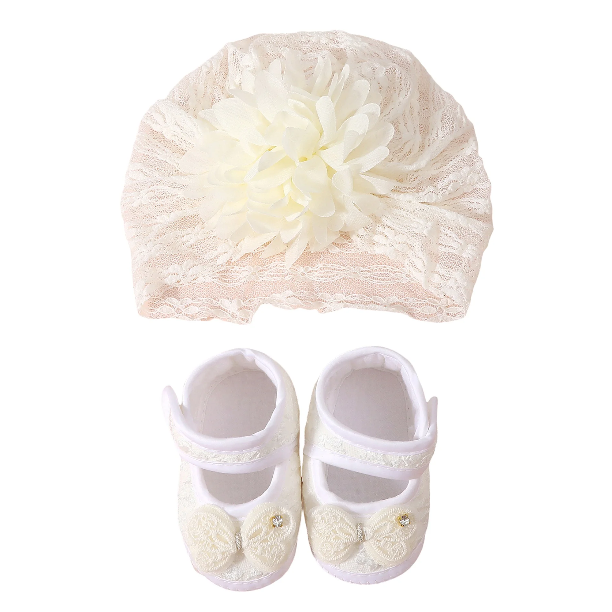 

Baby Girls Princess Shoes and Turban Hat Set Bow Decor Lace Soft Non-slip Bottom First Walking Shoes