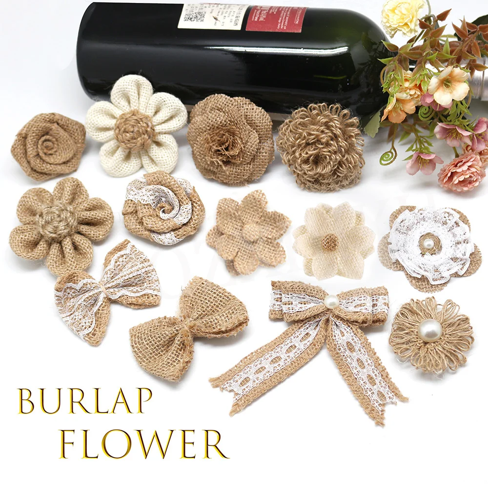 Pack Of 10 5.5cm Vintage Rustic Rose Flower Burlap Hessian Jute Wedding Decoration Natural Color AA8050