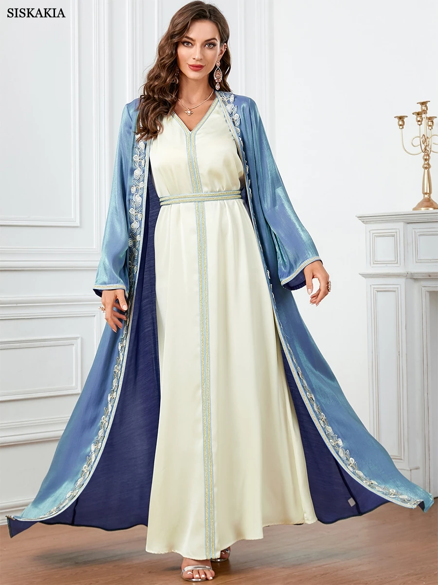 Siskakia Ramadan Satin Caftan Marocain Femme 2 Piece Abaya Set For Muslim Women Chic Appliques Belted Robe Arabic Africano Mujer