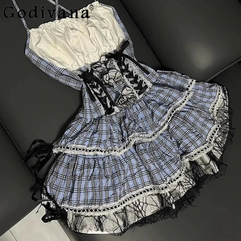 美しい女の子向け和風ドレス、オリジナルレトロ、ユニークなウエストシェイプドレス、女性用スイートブループレイドストラップ、素晴らしいドレス