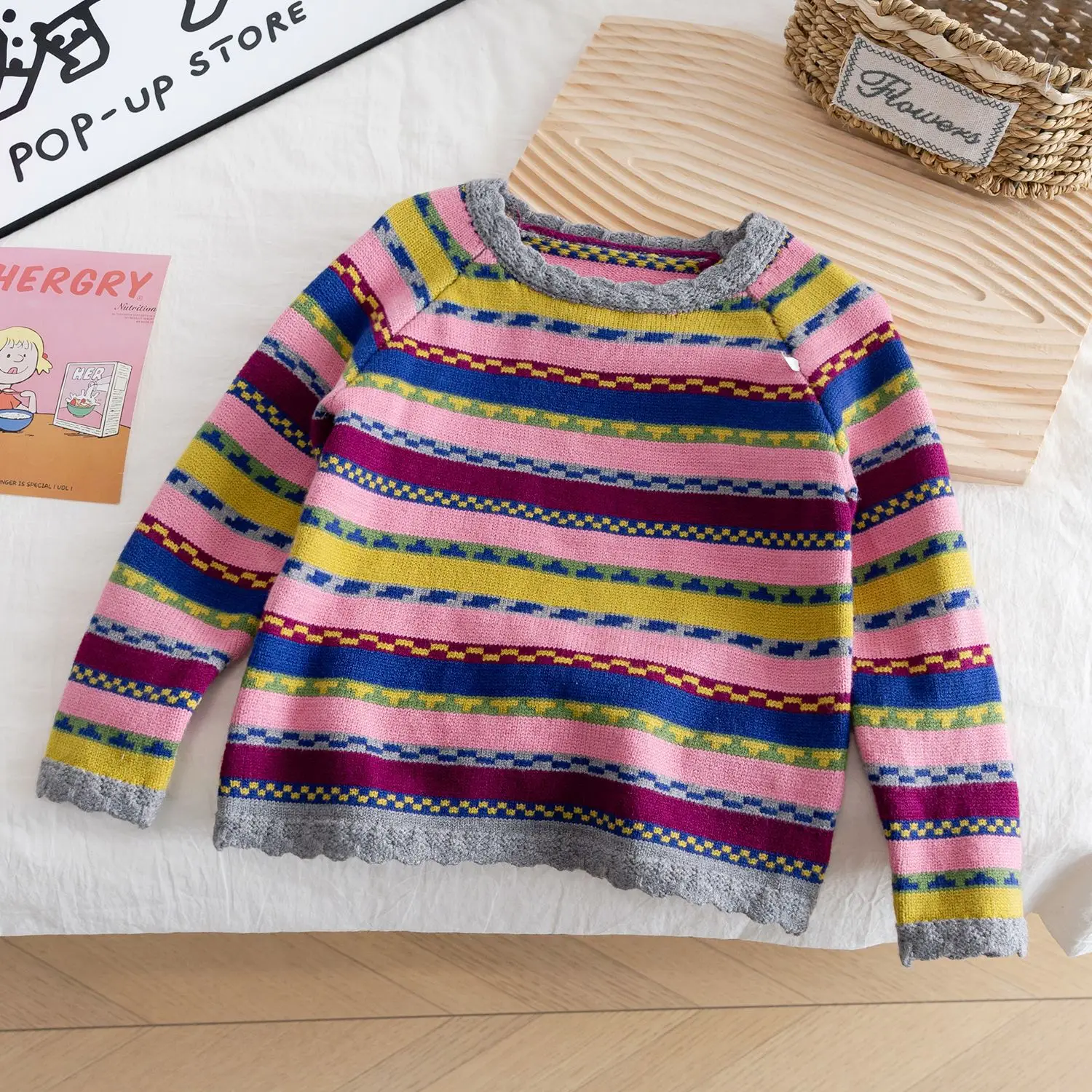 

New Winter Little Girls Sweater Colorful Thicken Warm Toddler Girls Kids Girls Knitwear Contrast Striped Toddler Girls Pullovers