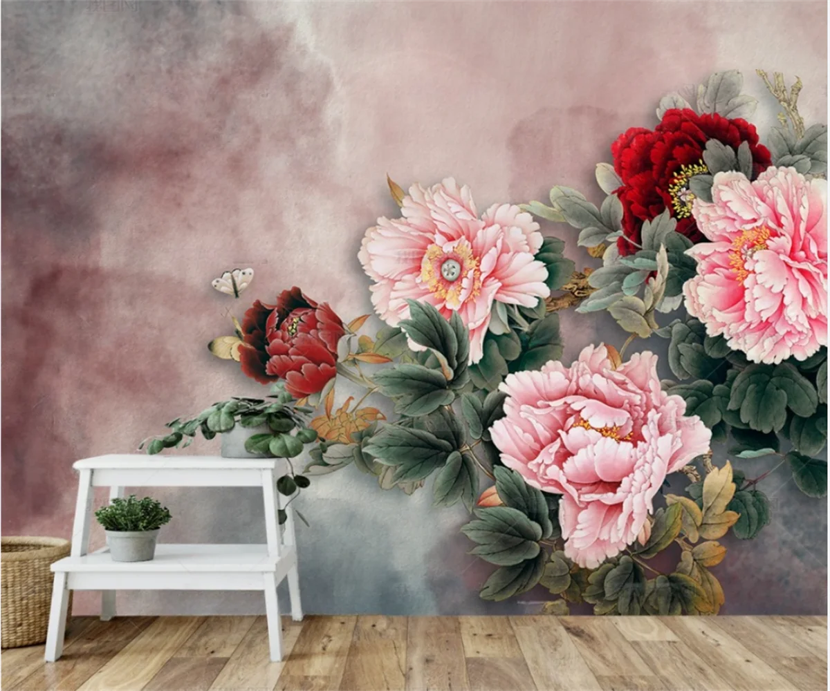 

Индивидуальные обои в скандинавском винтажном стиле, модные 3D-обои с красными пионами и листьями для спальни, фон для стены, декоративная роспись для телевизионной зоны