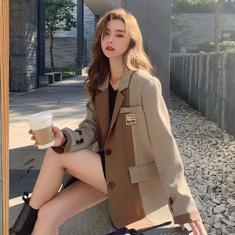 

Chic Plaid Blazers for Women Spring Autumn 2023 Korean Lady Casual Loose Patchwork Suit Jackets England Style Retro Coats Female