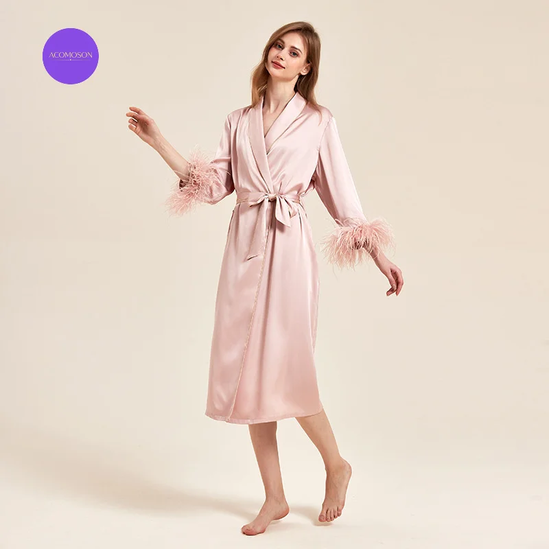 ACOMOSON French-Style Pink Satin Women'S Robe With Ostrich Feather Cuffs Luxurious Morning Robe Bridal Wedding Gown Loungewear