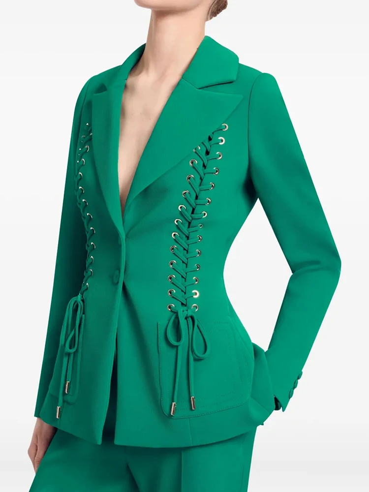 2026 Green Lace-Up Corset Blazer Pant Suit Waist-Cinched Jacket & High Waist Flared Trousers Two Piece Set for Business Banquet