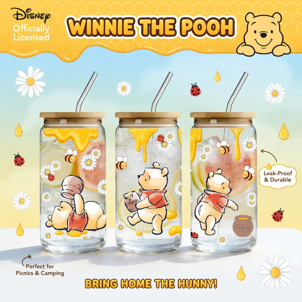 1pc 16oz Disney Winnie the Pooh Borosilicate Glass Tumbler with Bamboo Lid & Straw Cute Summer Cup for Iced Coffee Juice Gift