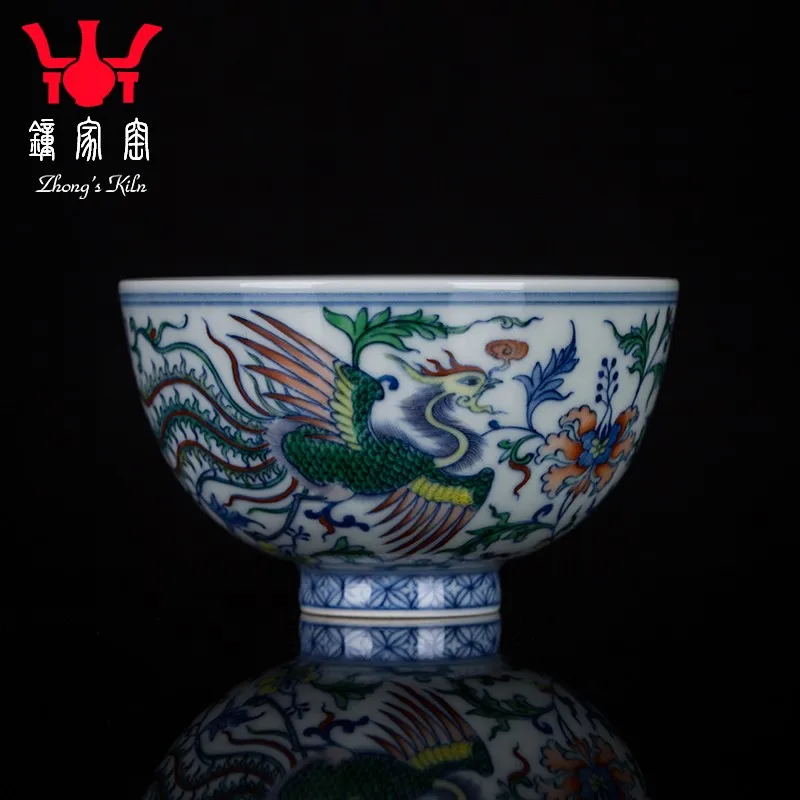 Zhongjia Kiln Kung Fu Tea Cup Jingdezhen Handmade Tea Set Chenghua Doucai Double Phoenix Winding Branch Pattern Blue and White P