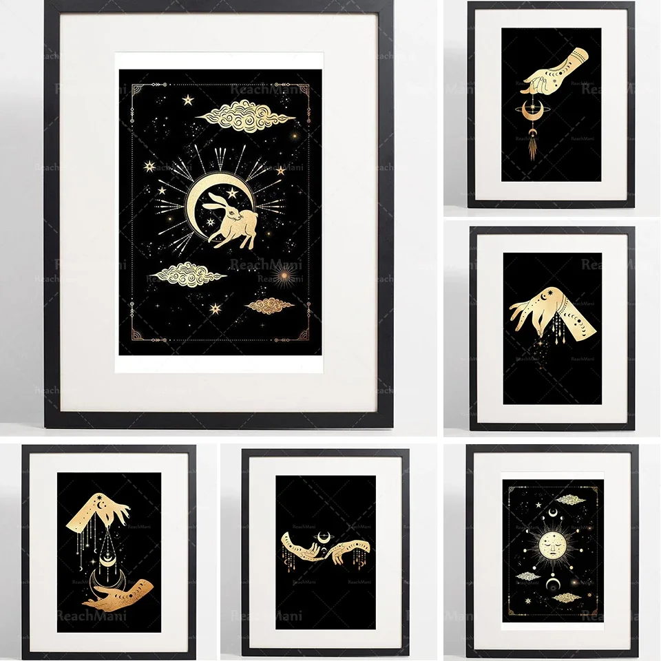 Mysterious connection magic hand esoteric art moon and stars print black gold universe art goddess art watercolor print