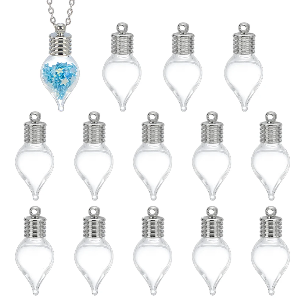 14 Pcs Water Drop Glass Bottle Pendant 0.45Inch Width Platinum Screw Cap Pendant Clear Vial Necklace Hanging Wish Bottles