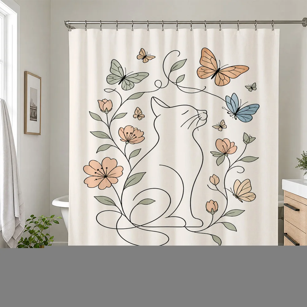 Cute Cat Floral Butterfly Line Art Shower Curtain Waterproof Boho Style Bathroom Decor Aesthetic Tapestry Home Accent Curtain
