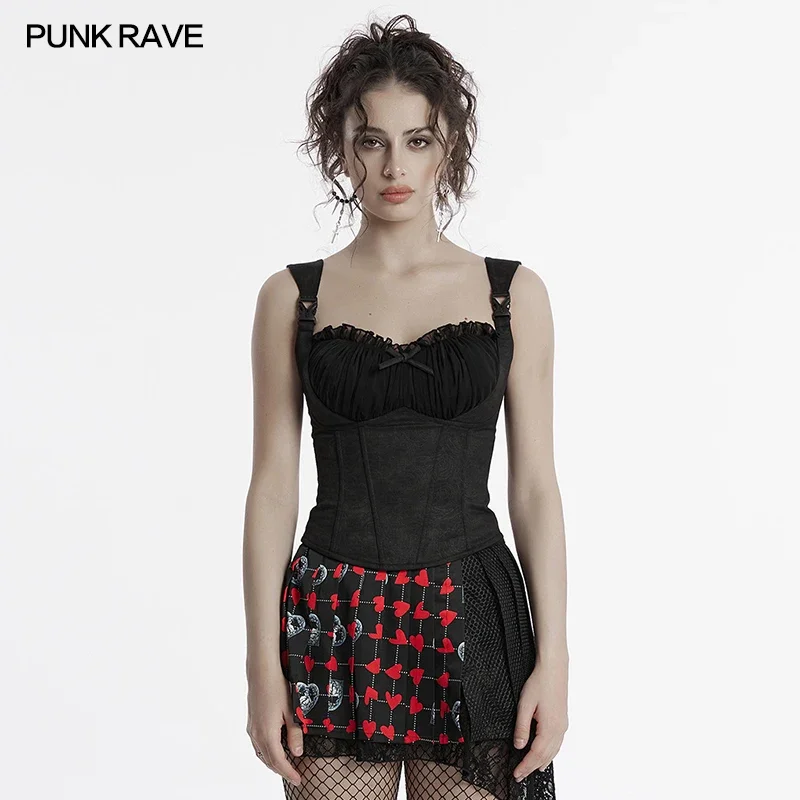 

PUNK RAVE Women's Gothic Mesh Rose Embossed Corset Camis Waist Fishbone Girlish Bow Playful Lively Club Tanks Tops Summer