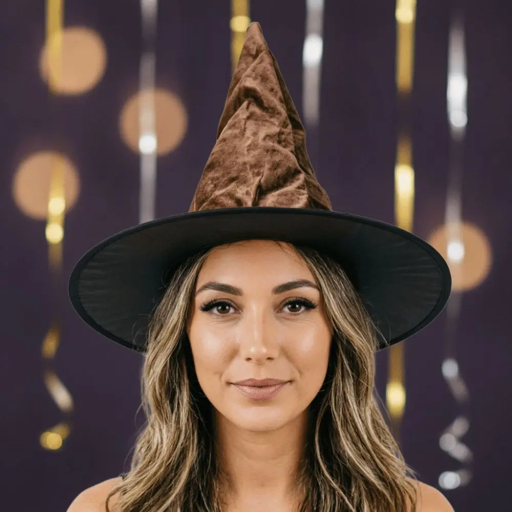 Steel Wire Framed Velvet Witch Hat Shapeable Solid Color Wired Wizard Cap Non Woven Base Foldable Ruched Pointy Hat