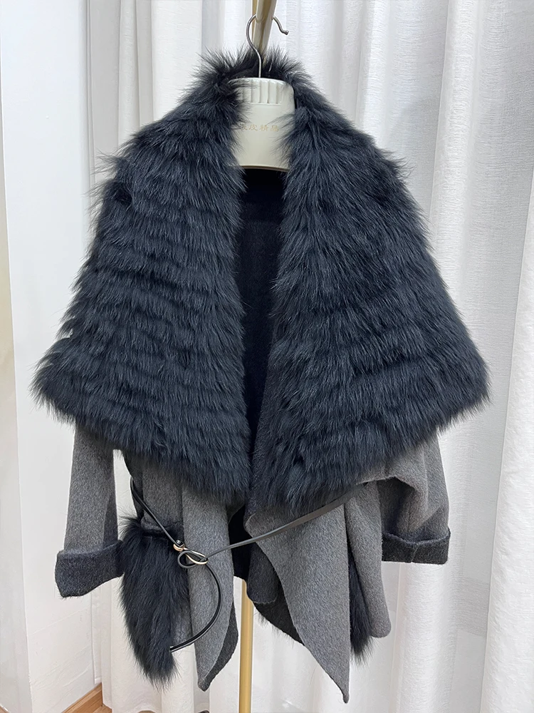 New Winter Natural Real Fox Fur Coat Big Fur Collar Cashmere Wool Woolen Women Jacket Luxury Outwear Ladies Female Fur Coat