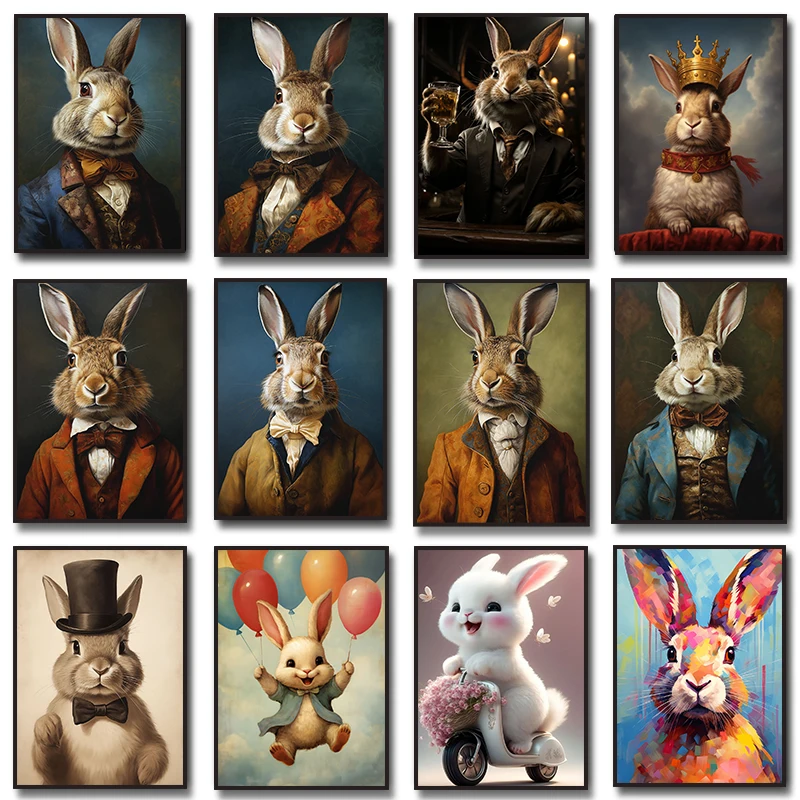 Victorian Animals Cute Bunny Hare Canvas Painting Vintage Renaissance Animal Head Human Body Poster Print Wall Kids Home Decor