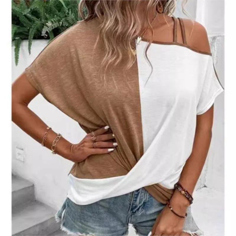 Women's Blouses Spring Summer Two-color Splicing Shoulder Strap T-shirt Casual Loose Cross-over Short-sleeve Tops Women Clothing