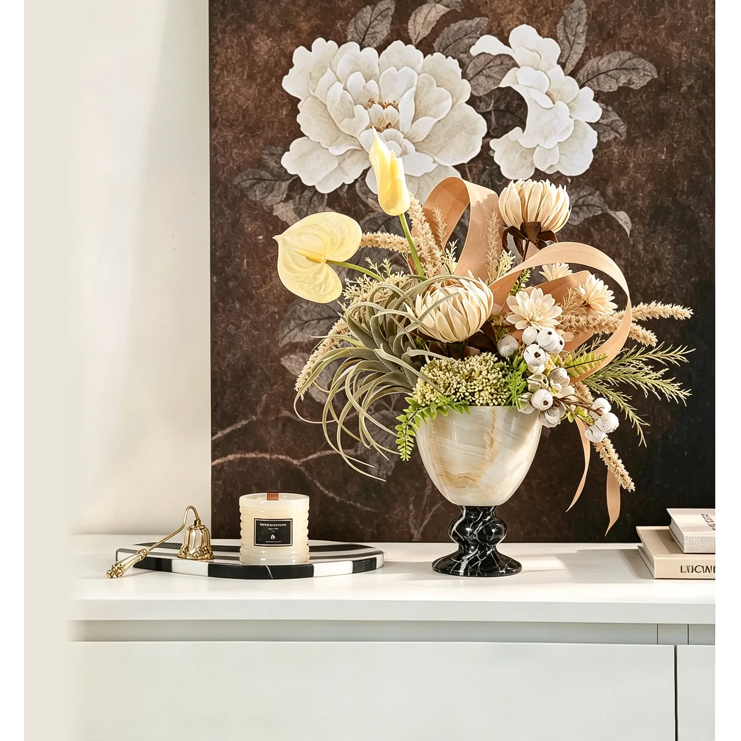 Modern light luxury marble goblet vase black and white color matching art flower arrangement soft decoration high-end decorative
