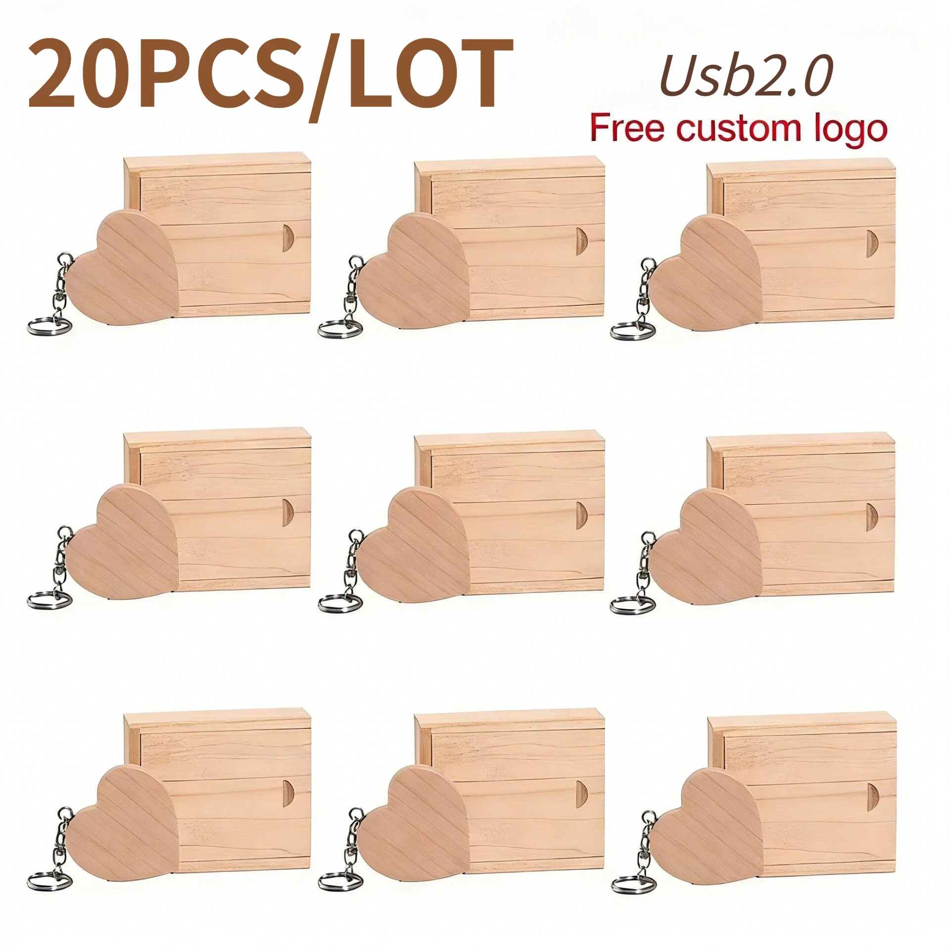 

20PCS/LOT Wooden Heart USB 2.0 Flash Drives 128GB Free custom logo key chain Pen drive 64GB 32GB Business gift USB stick