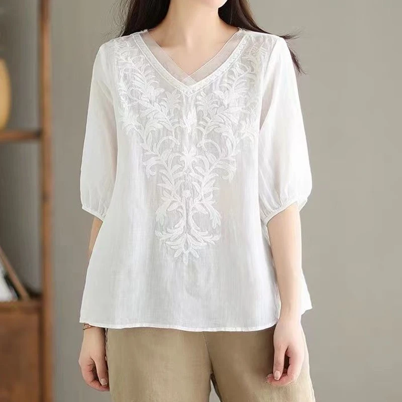 Summer V Neck Embroidery Office All-match Thin Shirt Tops Solid Half Sleeve Loose Vintage Blouse Casual Fashion Women Clothing