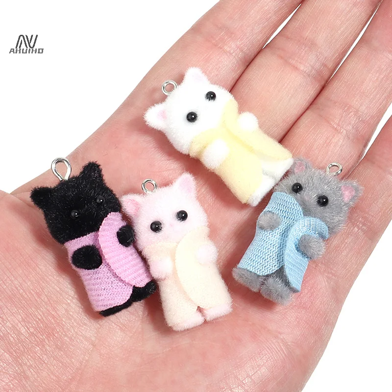 Kawaii 3D Flocking jimat kucing lucu kartun kucing ornamen anting-anting liontin Aksesori DIY kerajinan perhiasan membuat