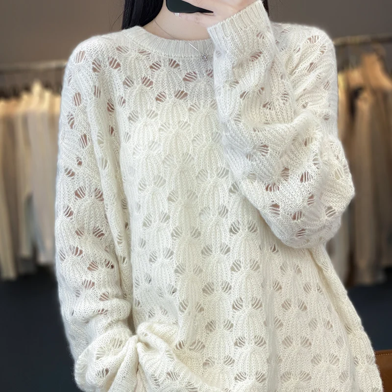 Autumn and Winter New 100 Cashmere Sweater Hook Flower Hollowed-out Jacquard Sweater Long Sleeve Women Loose Lazy Wool Solid Col