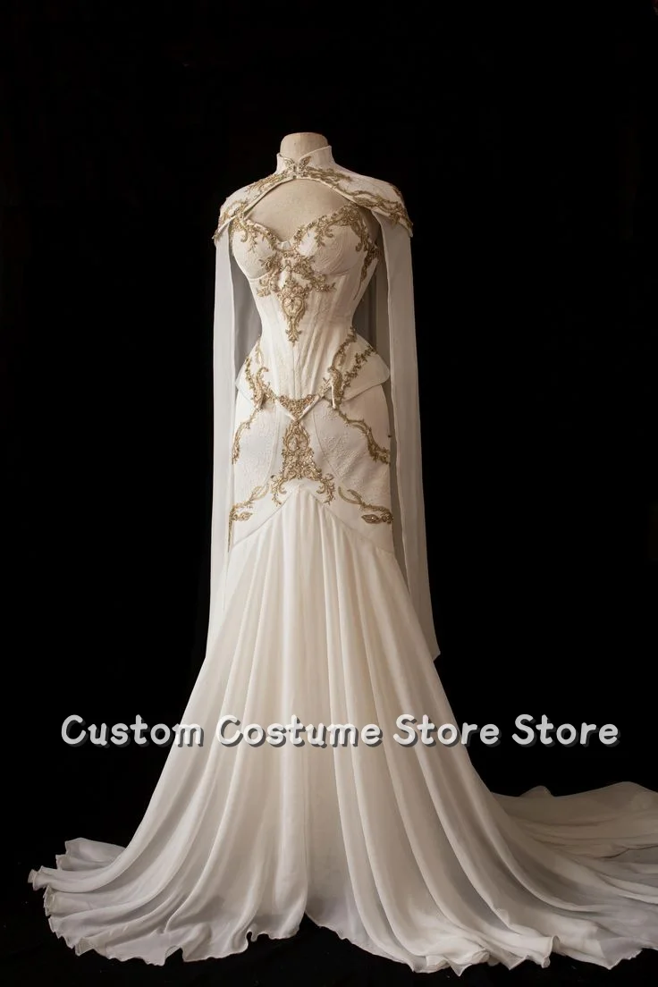 Customized Elegant White Gold Beaded Embellished Wedding Dress High Neck Trailing Halter V-Neck Corset Corset Fishtail Floor