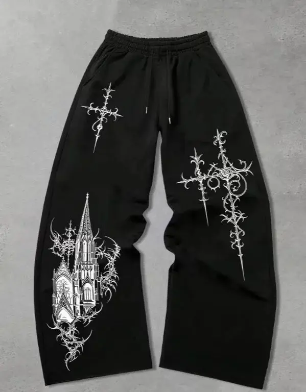 Retro Cross Pattern 3D Black Sports Pants - Men's Dark Aesthetic Gothic Loose Wide-leg Stretch Pants image 2
