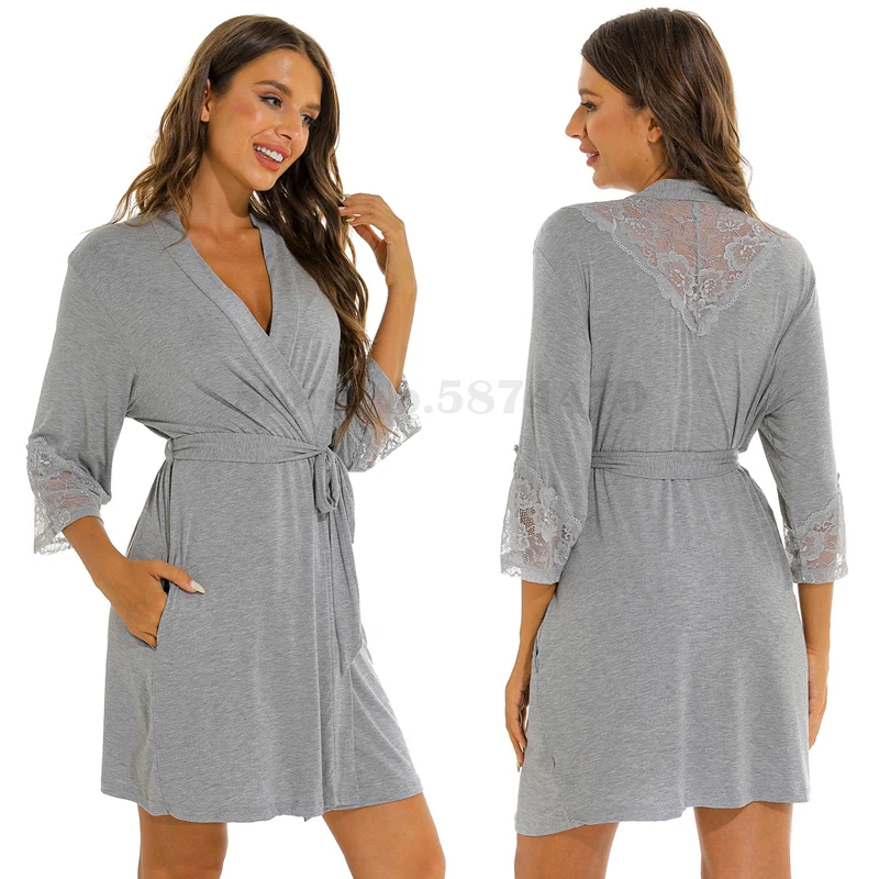 Solid Color Knitted Cotton Gown Sleepwear Sexy Lace Cuffs Nightwear Lace-Up Bathrobe Morning Robe Woman Loose Casual Home Wear