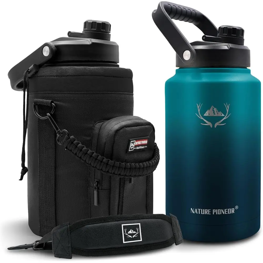 

Двойная вакуумная изолированная бутылка для воды из нержавеющей стали емкостью 1 галлон с переноской, кувшин с широким горлышком, 128 унций для улицы, пеших прогулок, кемпинга,