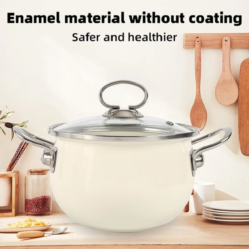 Enamelled Stockpot with Glass Lid Uncoated Ceramic Soup Pot Double Ear Saucepan Casserole Gas Induction Universal Cooker 18-26cm